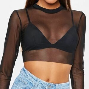 Black mesh long sleeve crop top